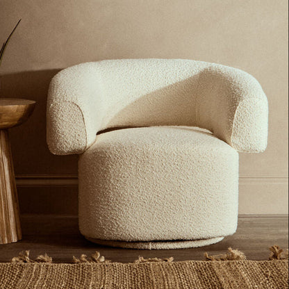 Oliveto Ivory Boucle Fabric Curved Swivel Armchair