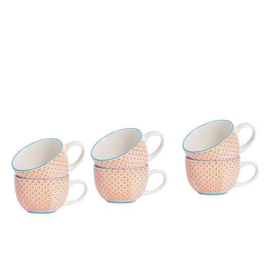250ml Orange Hand-Printed Stoneware Cappuccino Cups - Pack of Six