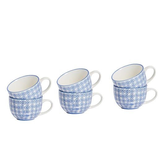 250ml Navy Hand-Printed Stoneware Cappuccino Cups - Pack of Six