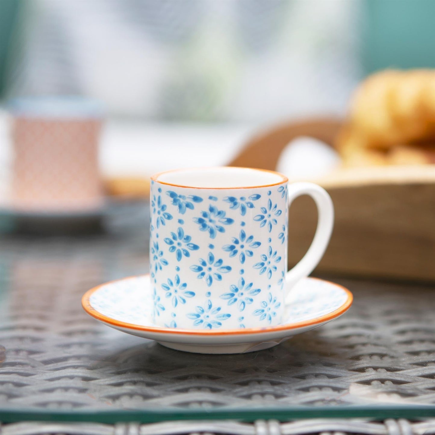 12pc 65ml Hand-Printed Stoneware Blue Espresso Cup & Saucer Set