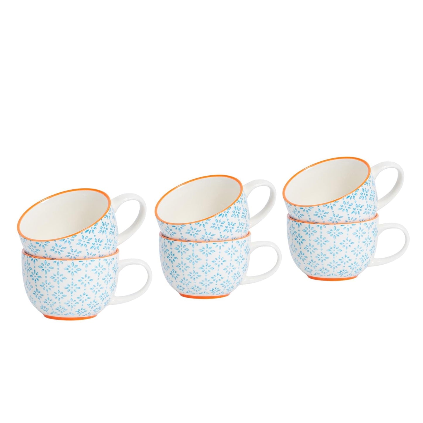 250ml Blue Hand-Printed Stoneware Cappuccino Cups - Pack of Six