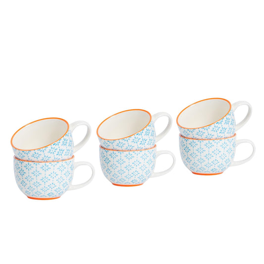 250ml Blue Hand-Printed Stoneware Cappuccino Cups - Pack of Six