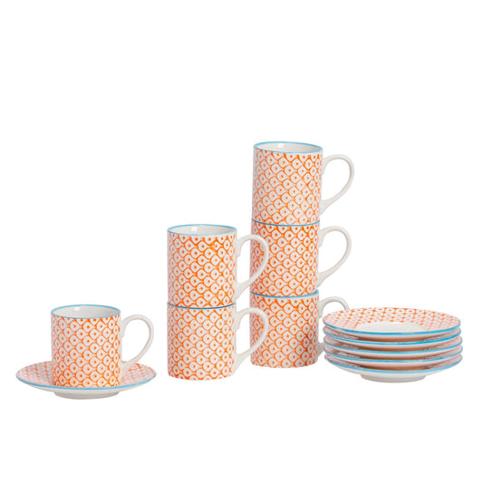 12pc 65ml Hand-Printed Stoneware Orange Espresso Cup & Saucer Set