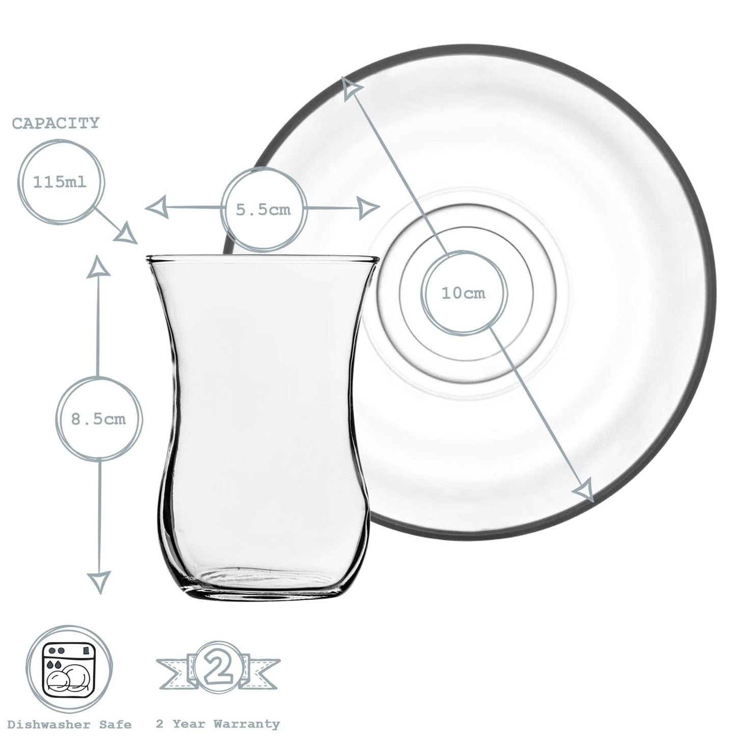 115ml Klasik Embossed Glass Turkish Tea Cups & Saucers - 6 Sets