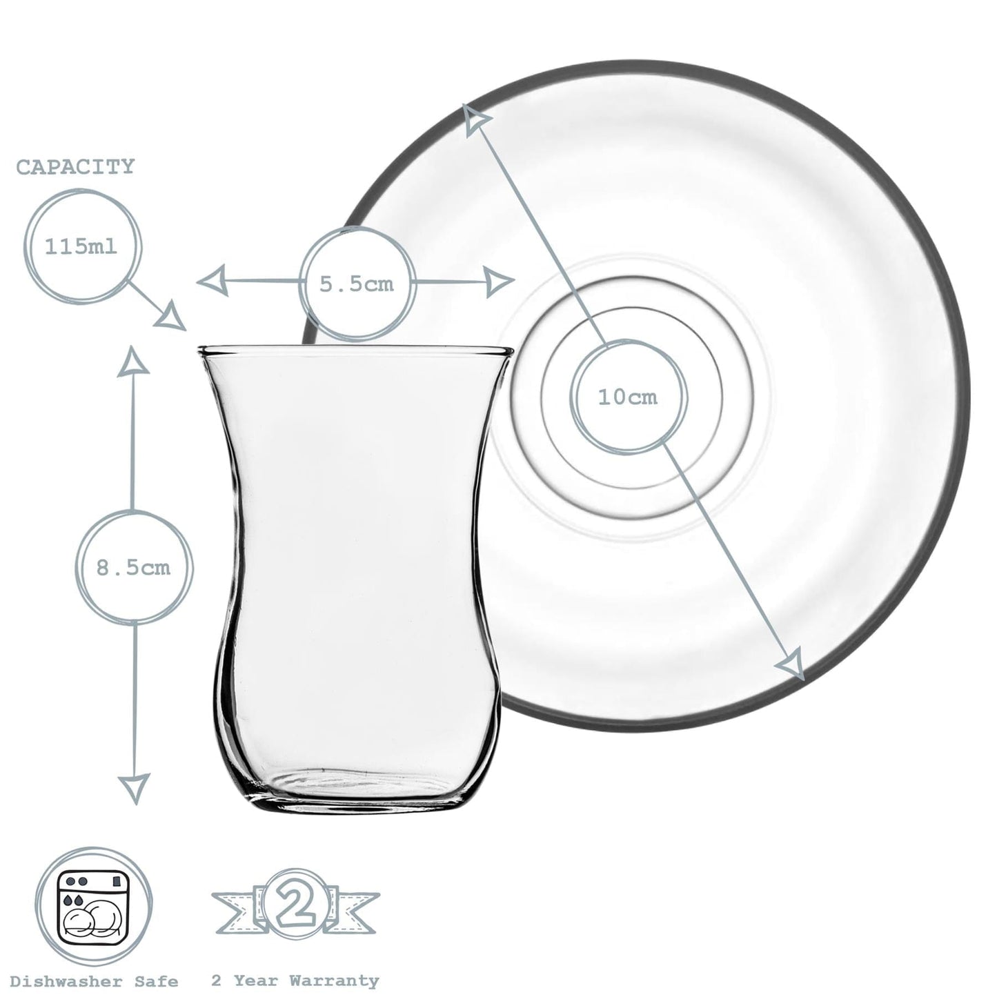 115ml Klasik Glass Turkish Tea Cups & Saucers - 6 Sets