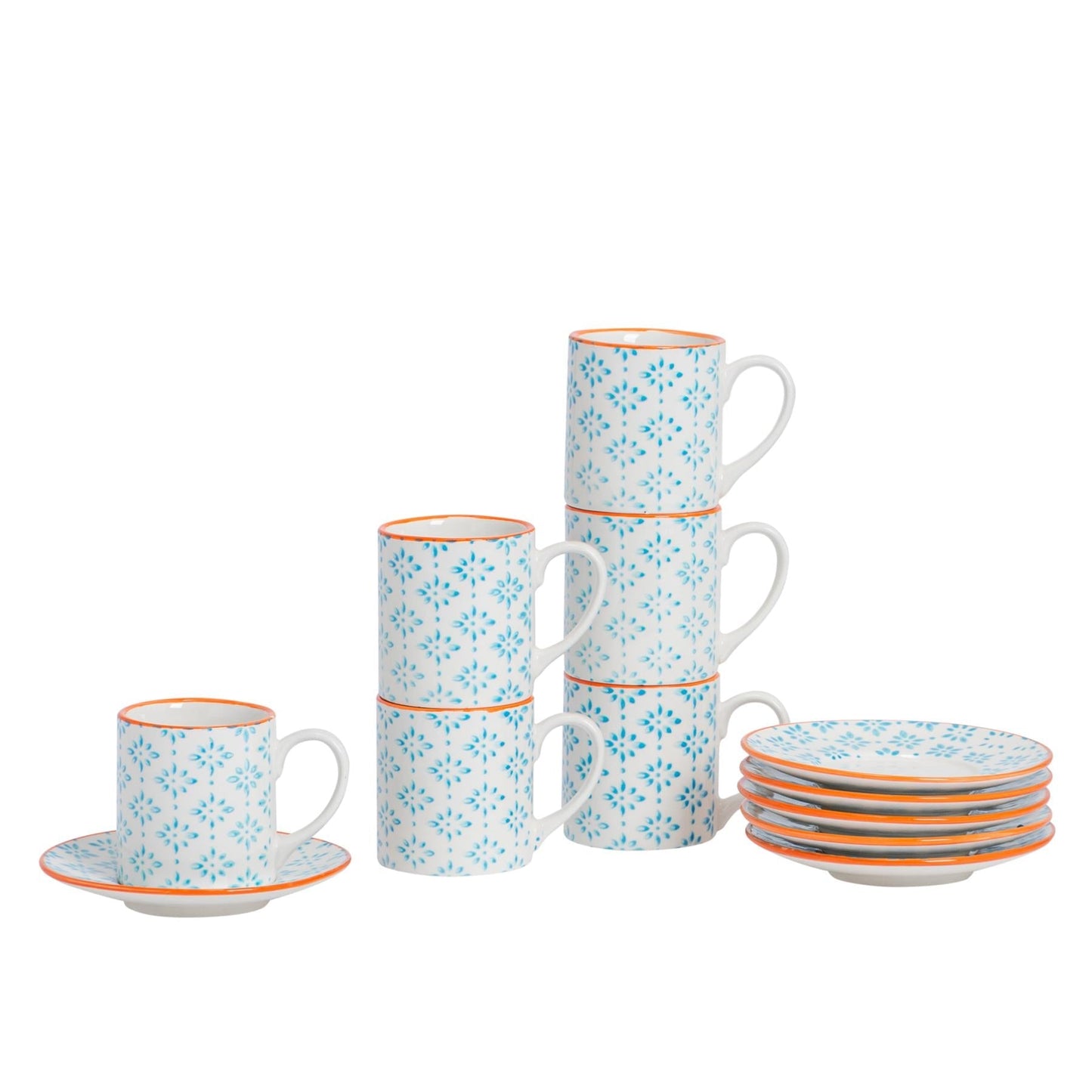 12pc 65ml Hand-Printed Stoneware Blue Espresso Cup & Saucer Set