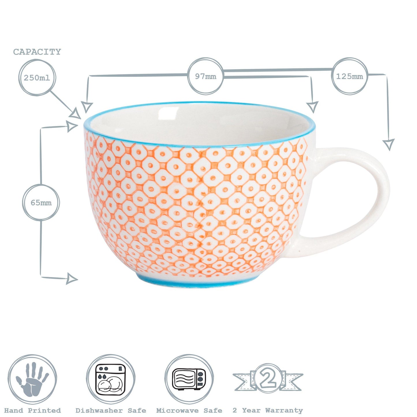 250ml Orange Hand Printed Stoneware Cappuccino Cup