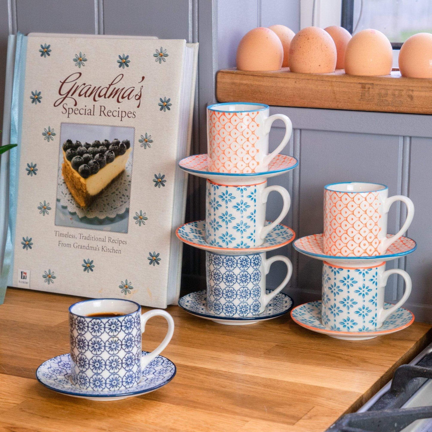 65ml Orange Hand Printed Stoneware Espresso Cup & Saucer Set