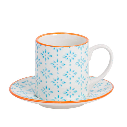 65ml Light Blue Hand Printed Stoneware Espresso Cup & Saucer Set