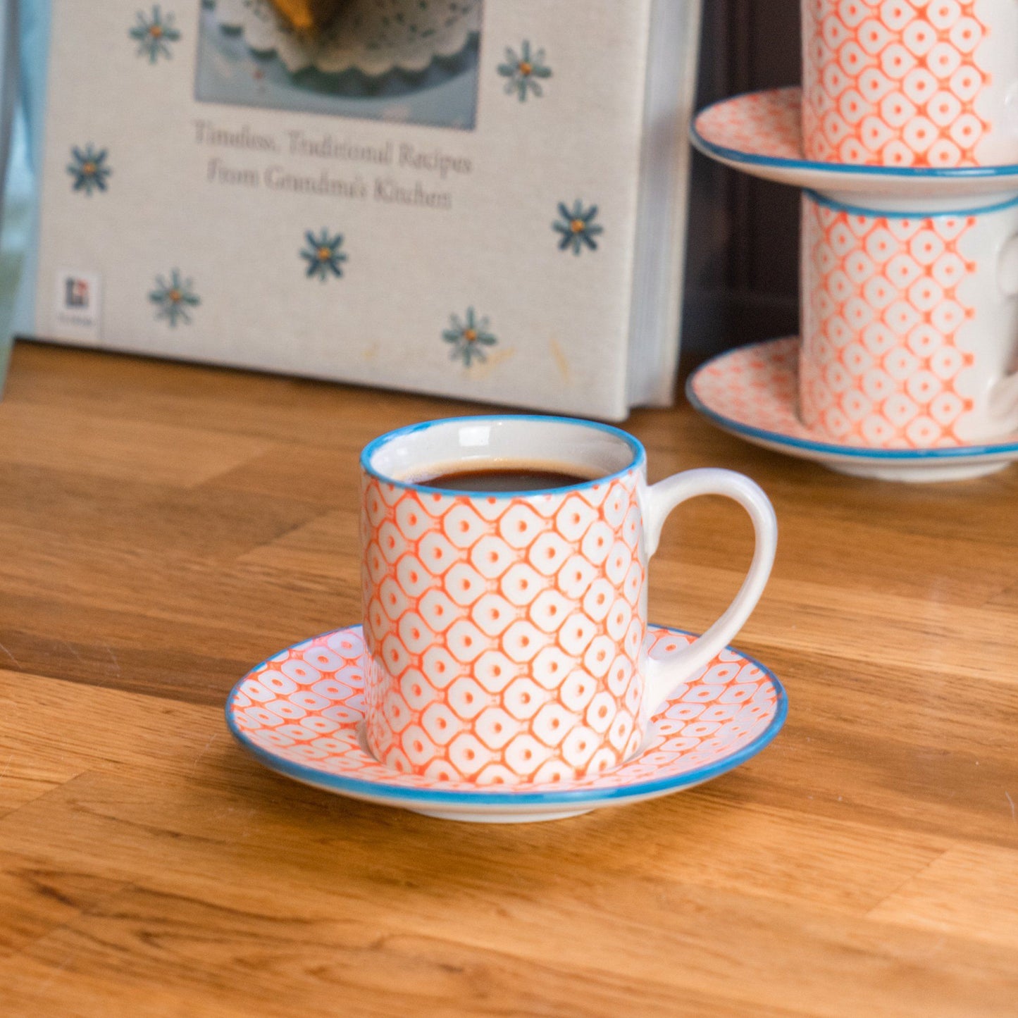 65ml Orange Hand Printed Stoneware Espresso Cup & Saucer Set