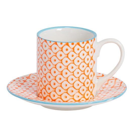 65ml Orange Hand Printed Stoneware Espresso Cup & Saucer Set