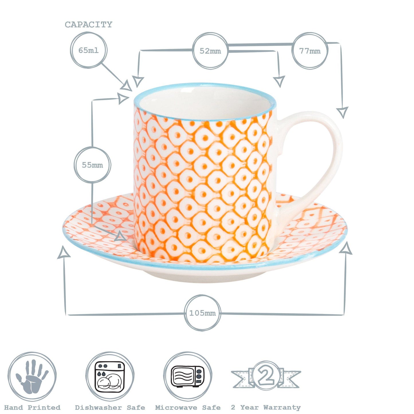65ml Orange Hand Printed Stoneware Espresso Cup & Saucer Set