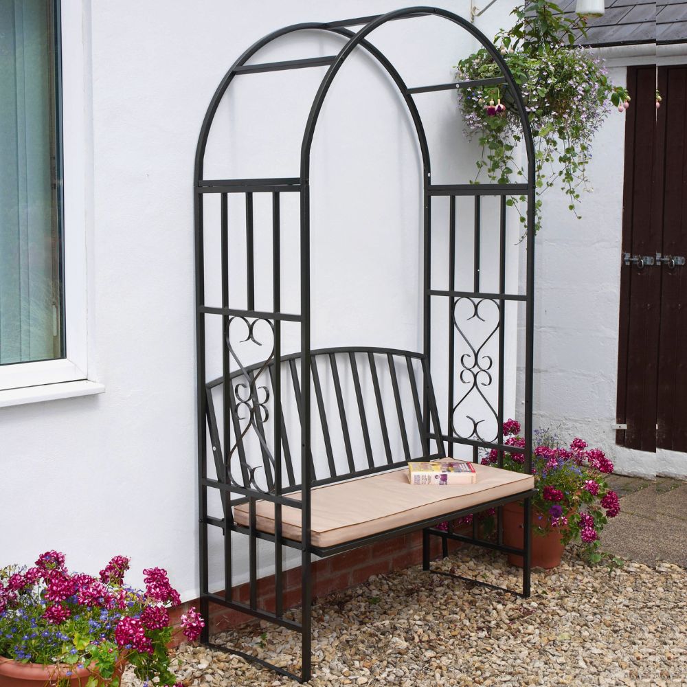 Huntingdon Garden Arch with Bench and Cushion – Steel Frame Seating in Gun Metal Grey