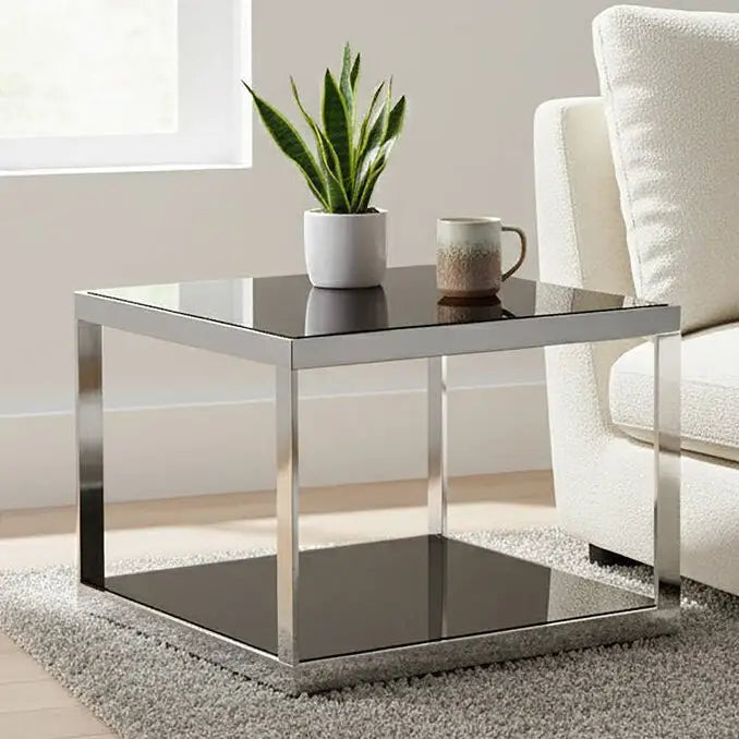 Ackley Black Glass and Silver Finish Square Coffee Table
