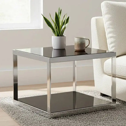 Ackley Black Glass and Silver Finish Square Coffee Table