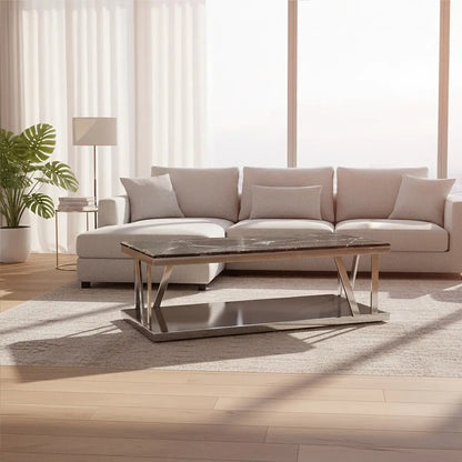 Ackley Black Marble and Silver Finish Rectangular Coffee Table