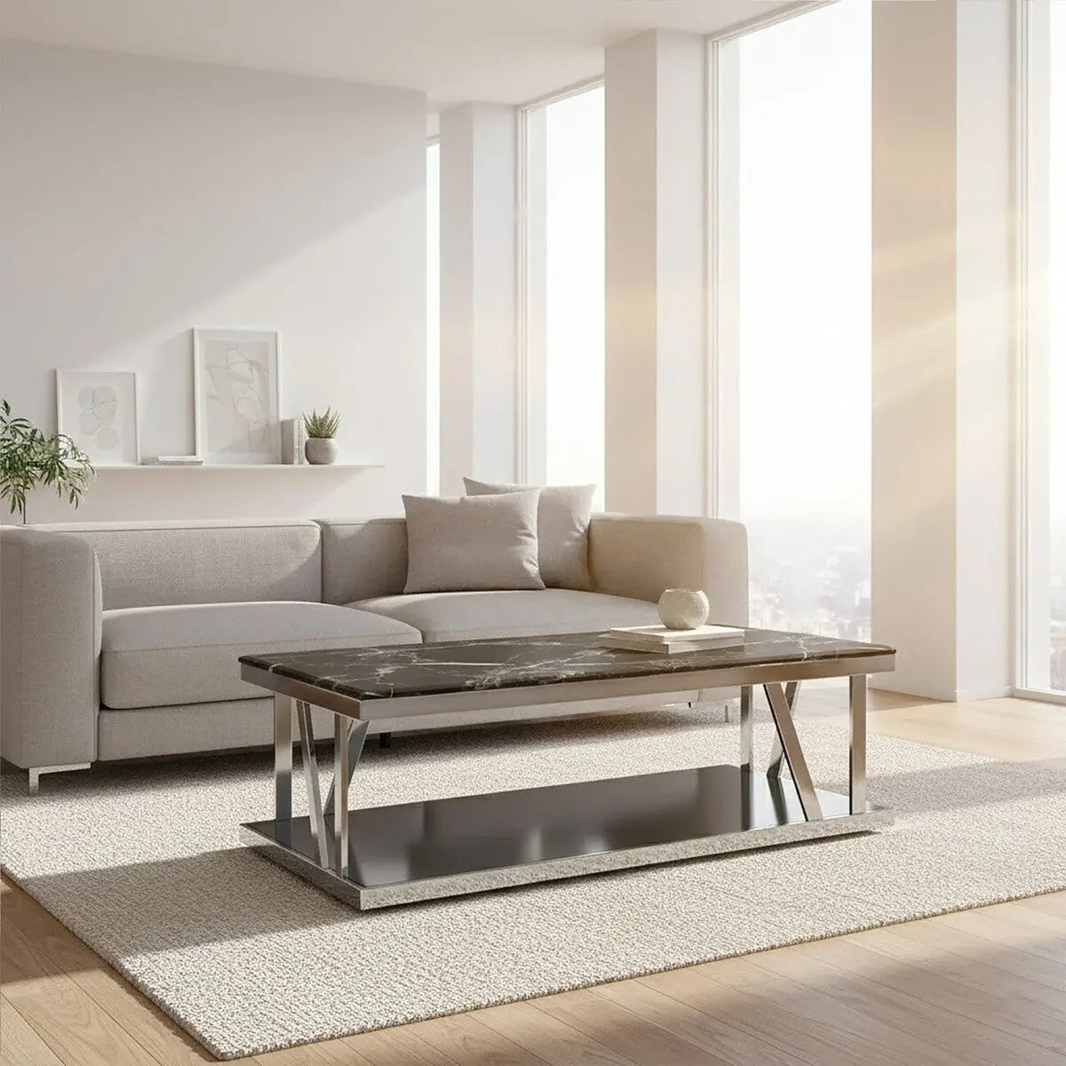 Ackley Black Marble and Silver Finish Rectangular Coffee Table