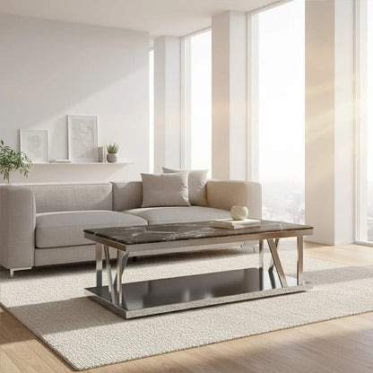Ackley Black Marble and Silver Finish Rectangular Coffee Table