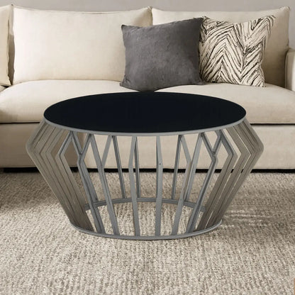 Ackley Silver Metal  Coffee Table with Black Glass Top