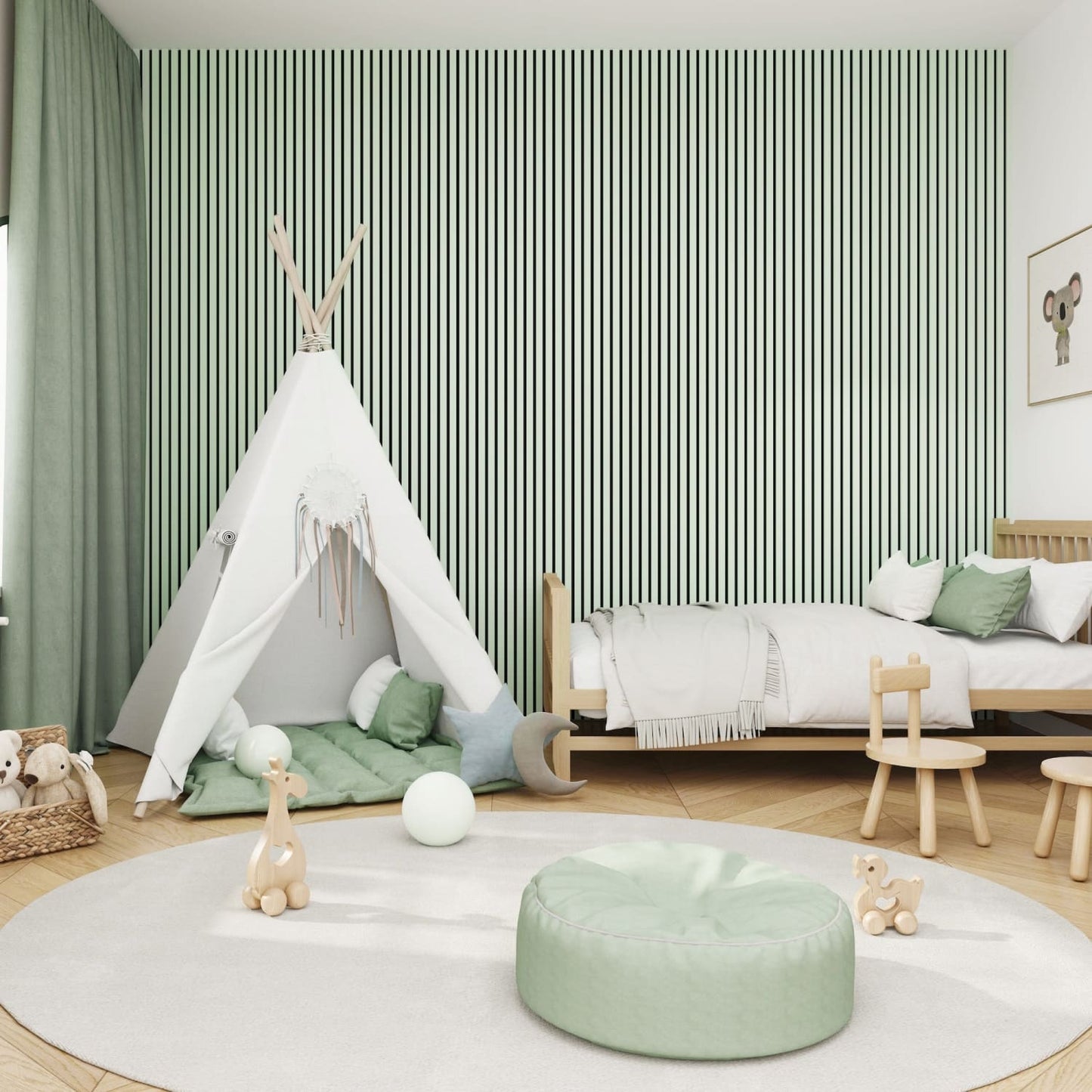 Acoustic Wall Panels in Pastel Green with Black Backing