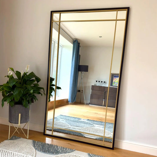 Aimi - Full Length Black & Gold Metal Rectangle Window Mirror - 180cm x 105cm.