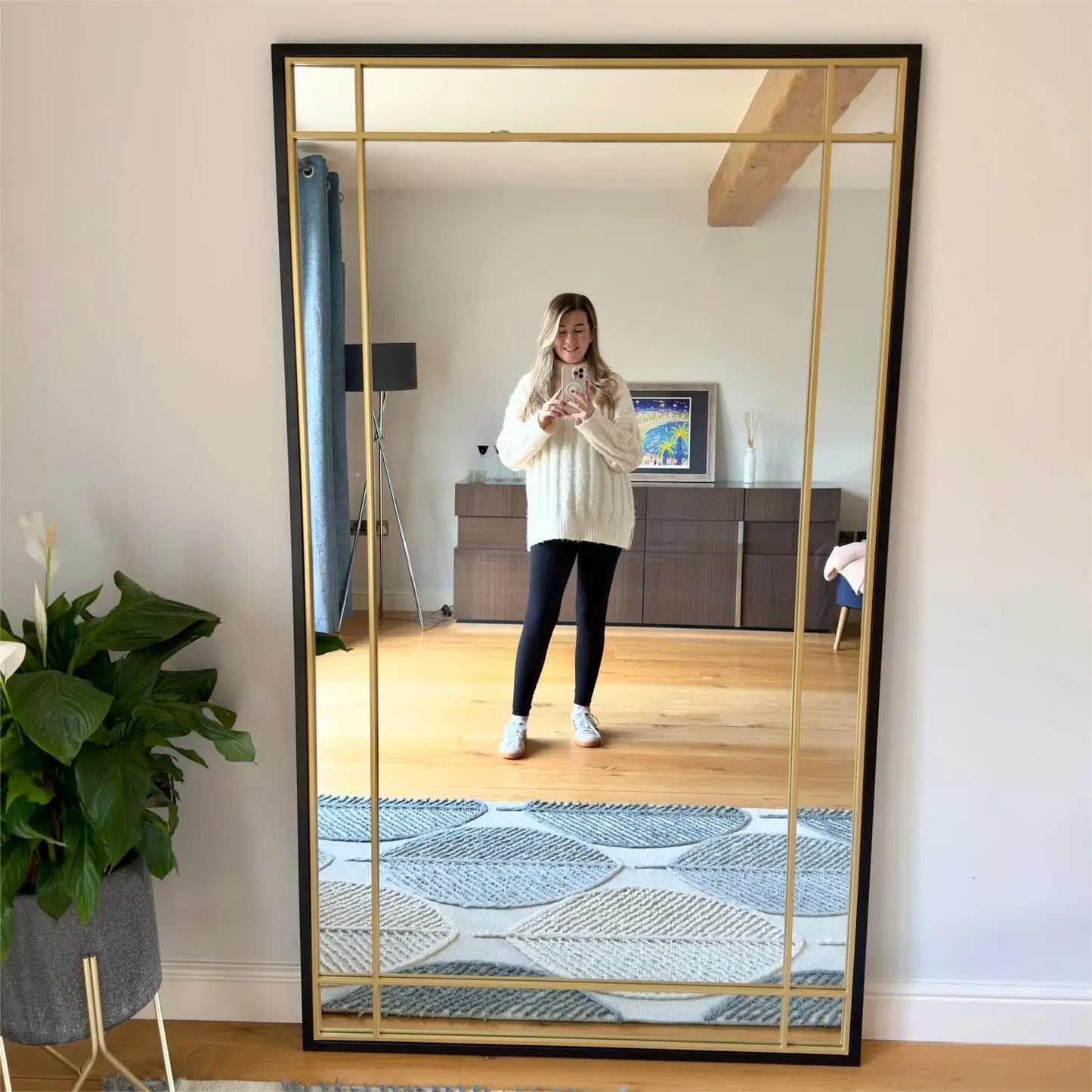 Aimi - Full Length Black & Gold Metal Rectangle Window Mirror - 180cm x 105cm.