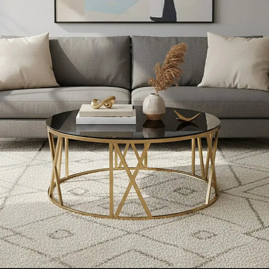 Alana Gold Metal and Black Glass Round Coffee Table