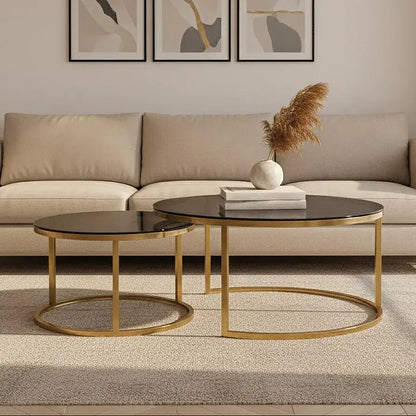 Alana Gold Metal and Tinted Glass Set of 2 Nesting Coffee Tables