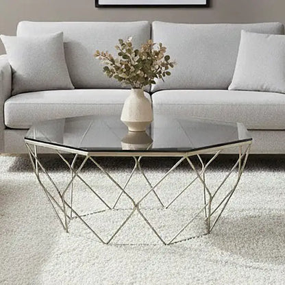 Allure Nickel Metal Hexagon Coffee Table with Smoke Grey Glass Top