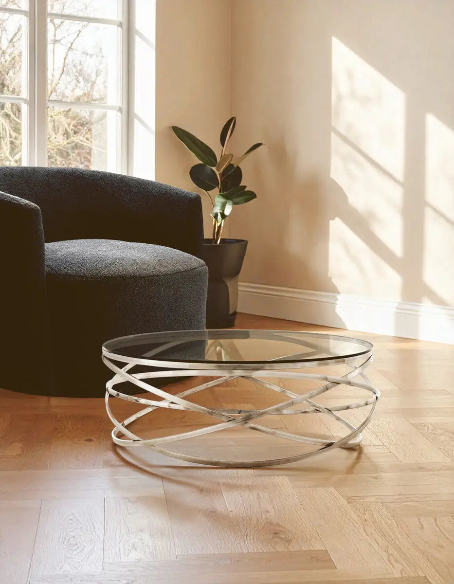 Allure Silver Stainless Steel Round Coffee Table with Swirl Base