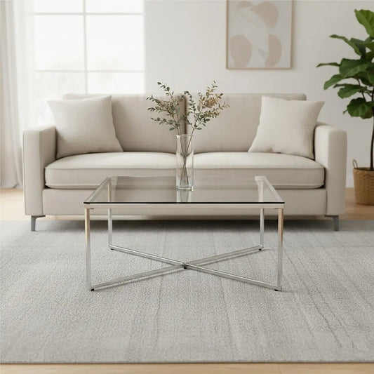 Allure Silver Stainless Steel Square Coffee Table with Intersecting Base