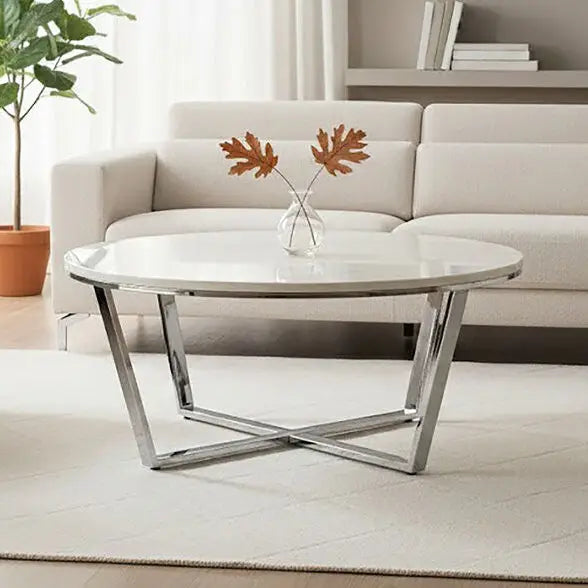 Allure White Faux Marble Round Coffee Table with Chrome Base