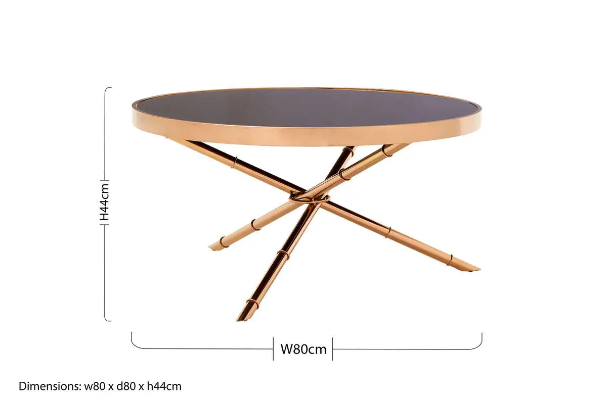 Alvaro Rose Gold Iron Coffee Table with Black Glass Top and Ring Detail