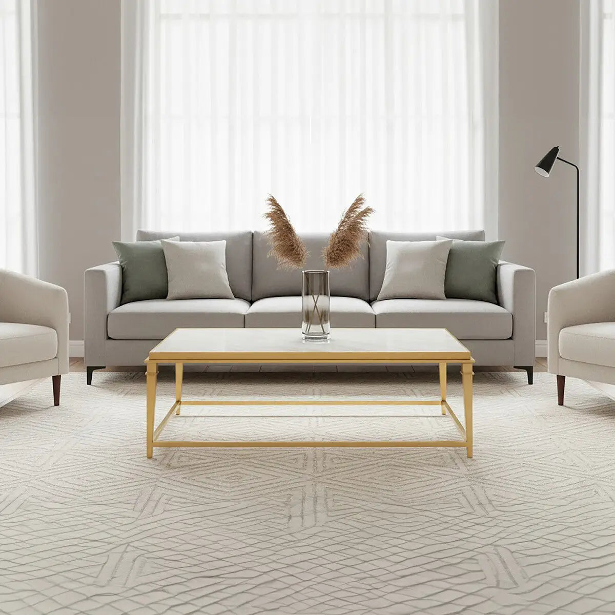 Alvaro White Marble Coffee Table with Gold Finish Frame