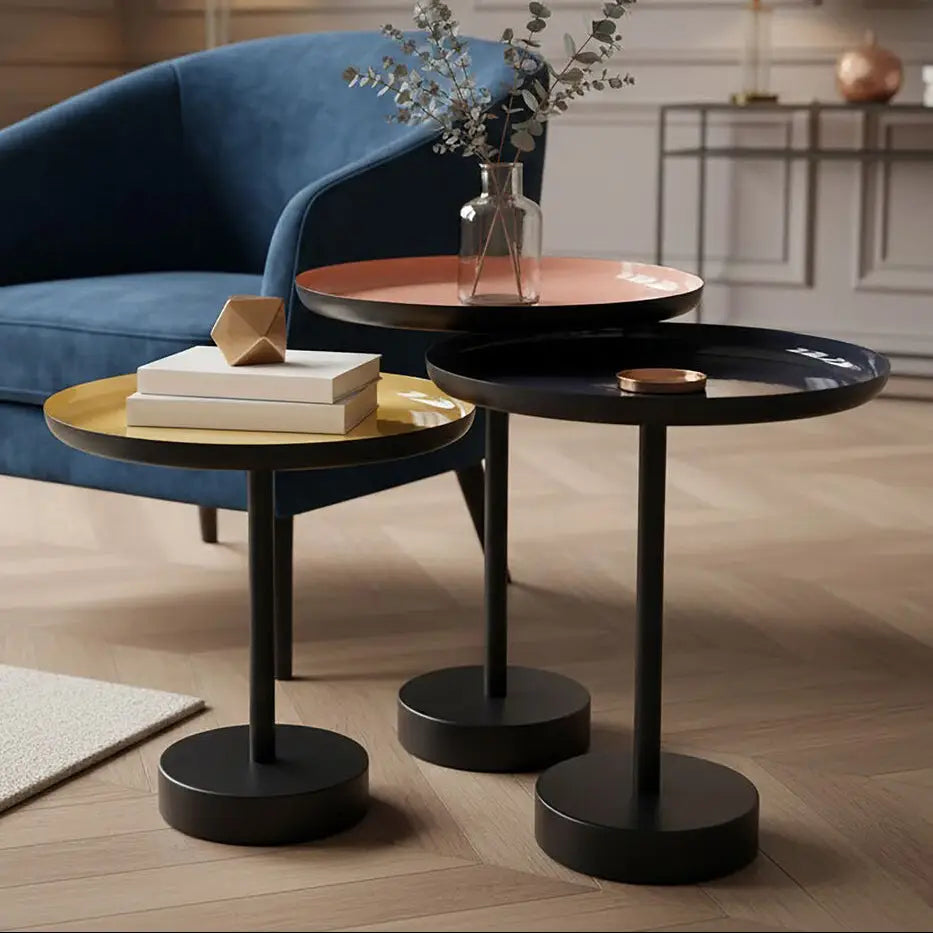 Amira Gold and Black Enamel Set of 3 Tray Side Tables
