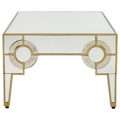 Antique Motif Mirrored Glass Coffee Table with Natural Gold Tone Border, Knightsbridge