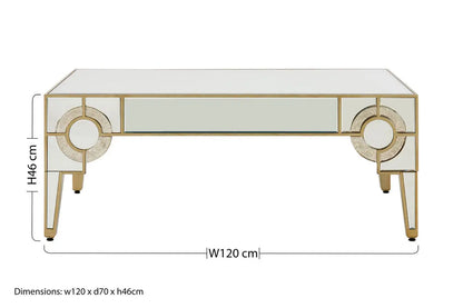Antique Motif Mirrored Glass Coffee Table with Natural Gold Tone Border, Knightsbridge