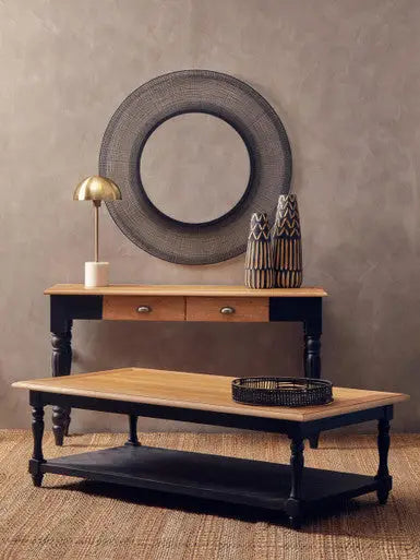Antique Oak Top Coffee Table with Grey Birchwood Legs and Storage Undershelf, Kensington Townhouse