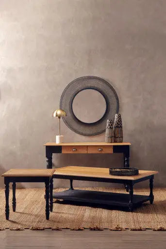 Antique Oak Top Coffee Table with Grey Birchwood Legs and Storage Undershelf, Kensington Townhouse
