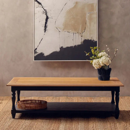 Antique Oak Top Coffee Table with Grey Birchwood Legs and Storage Undershelf, Kensington Townhouse