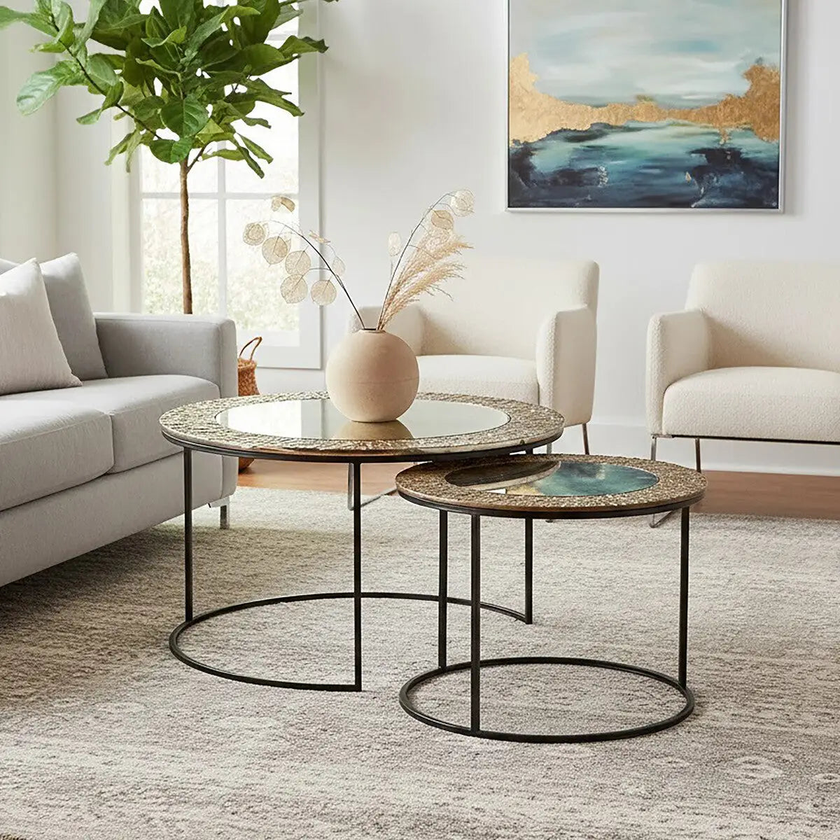 Antiqued Glass Tops Set of 2 Round Nesting Coffee Tables with Black Metal Frame, Akola