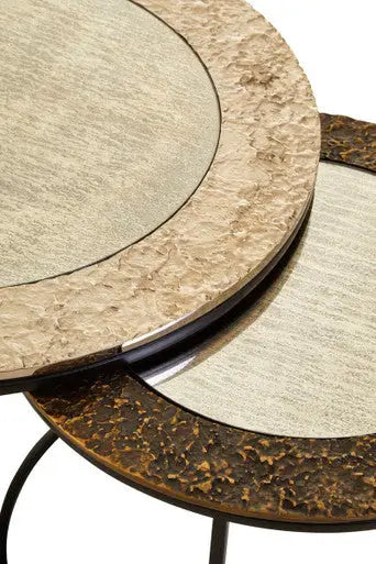 Antiqued Glass Tops Set of 2 Round Nesting Coffee Tables with Black Metal Frame, Akola