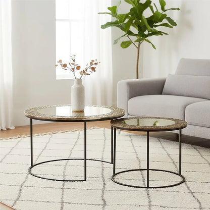 Antiqued Glass Tops Set of 2 Round Nesting Coffee Tables with Black Metal Frame, Akola