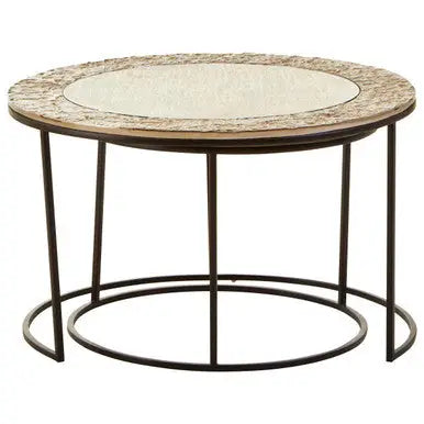 Antiqued Glass Tops Set of 2 Round Nesting Coffee Tables with Black Metal Frame, Akola