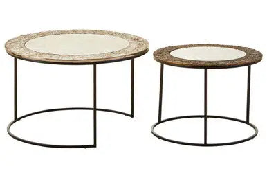 Antiqued Glass Tops Set of 2 Round Nesting Coffee Tables with Black Metal Frame, Akola