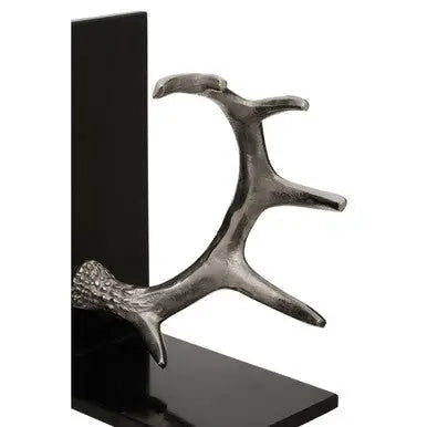 Antler Silver Metal Bookend Set of 2 with Black Marble Bases