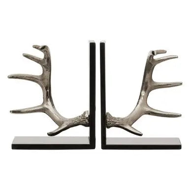 Antler Silver Metal Bookend Set of 2 with Black Marble Bases