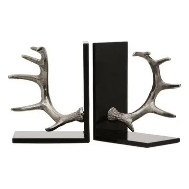 Antler Silver Metal Bookend Set of 2 with Black Marble Bases