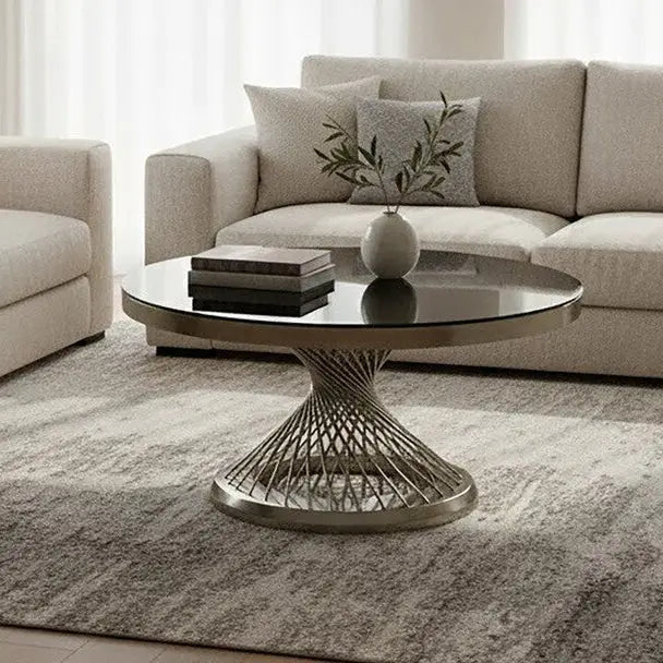 Anzio Black Glass Round Coffee Table with Silver Finish Base