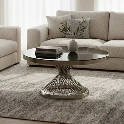 Anzio Black Glass Round Coffee Table with Silver Hourglass Base